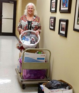 Seven Oaks Elementary School Principal Harriet Wilson in Columbia, South Carolina, accepted donated hygiene items from Henderson Collegiate students and teacher, Kevin O'Quinn, a Columbia native. More than 100 Seven Oaks Elementary students were impacted by flooding in the city in October.
